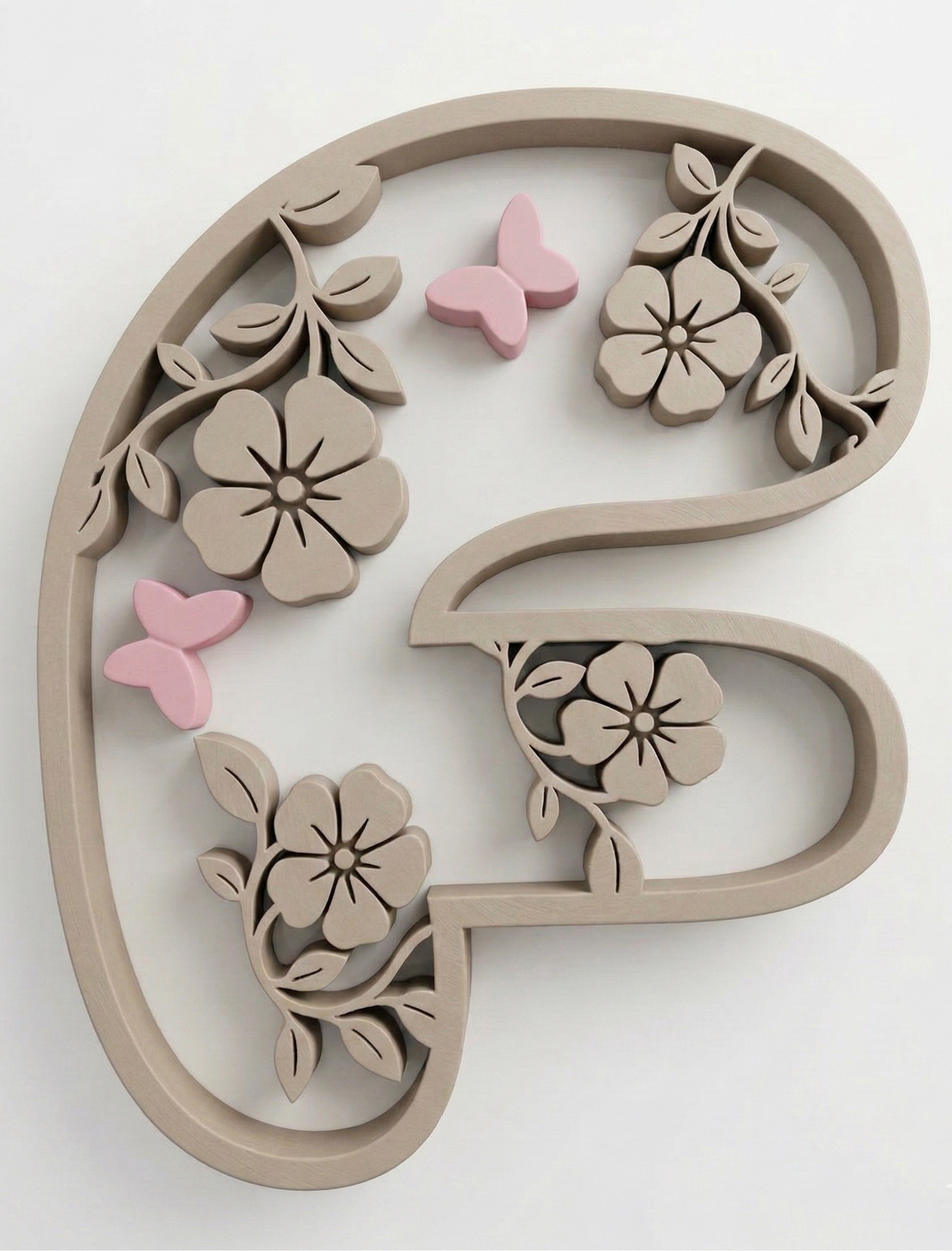 Decorative letter 'f' with floral patterns and pink butterflies on a white background