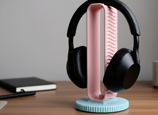 Black headphones on a pink and blue stand on a wooden surface with a neutral background