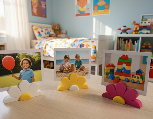 Children's room with colorful photo frames on a table