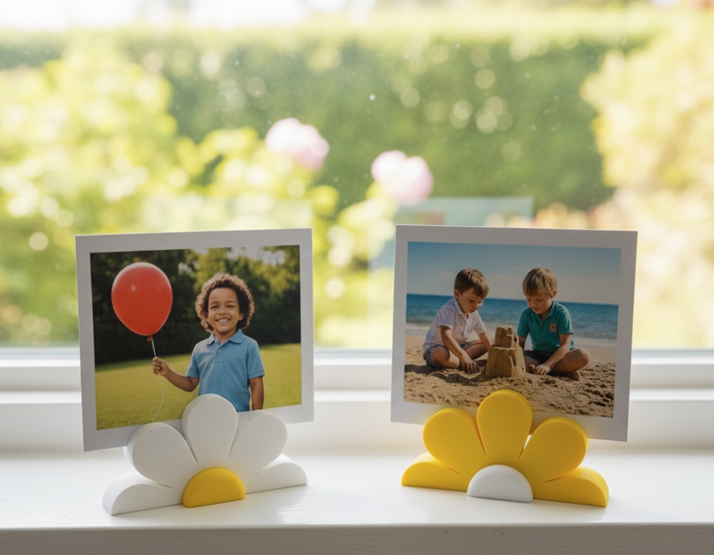 Two photo frames on a windowsill with children's pictures, one with a red balloon and the other by the beach.