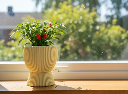 Potted plant on a windowsill with a blurred outdoor background