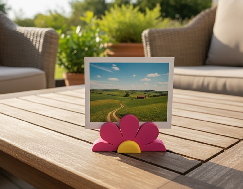 Flower-shaped photo holder with a scenic picture on a wooden table outdoors