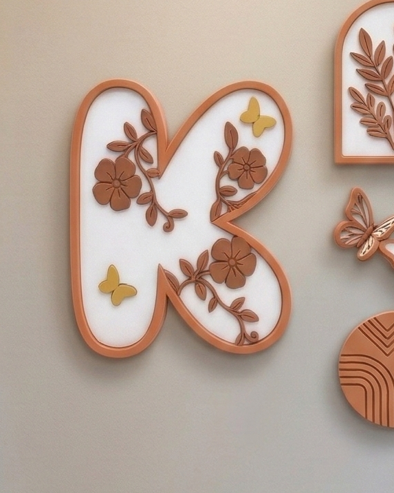 Decorative wall art in a hallway with floral patterns