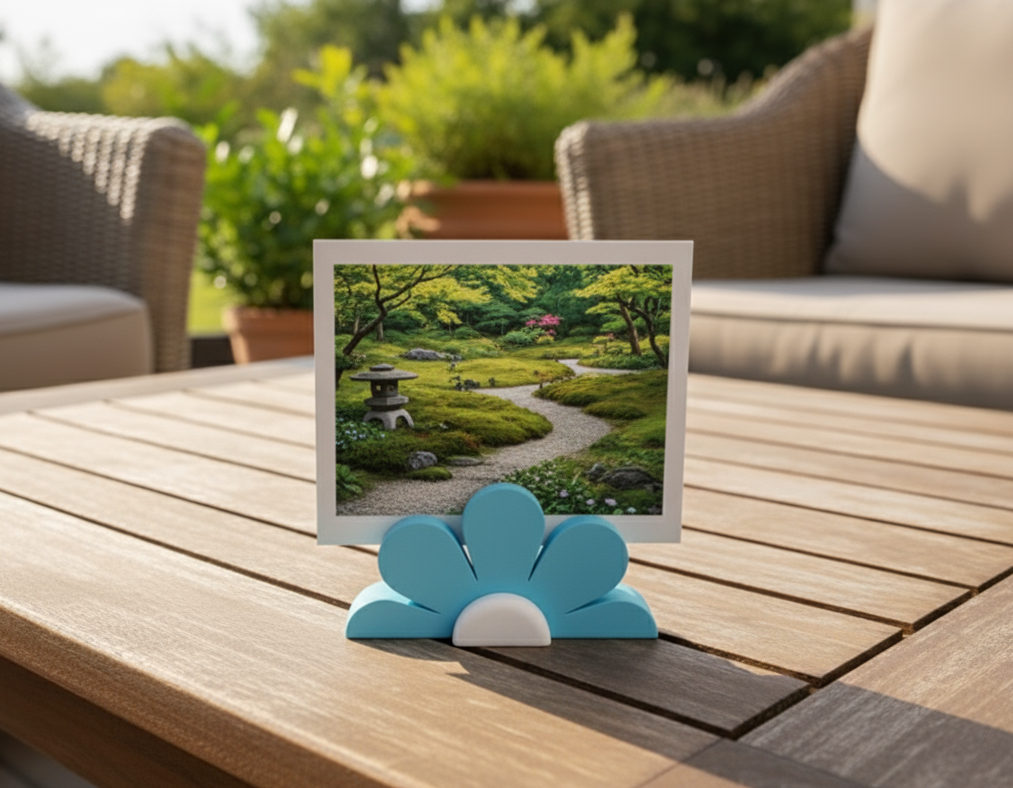 Blue flower-shaped photo holder with a framed picture of a garden on a wooden table outdoors.