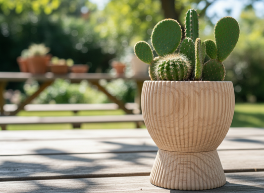 Cactus in a woven pot on a wooden table with a garden background