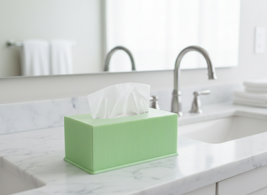 Green tissue box on a bathroom counter with sink and towels in the background
