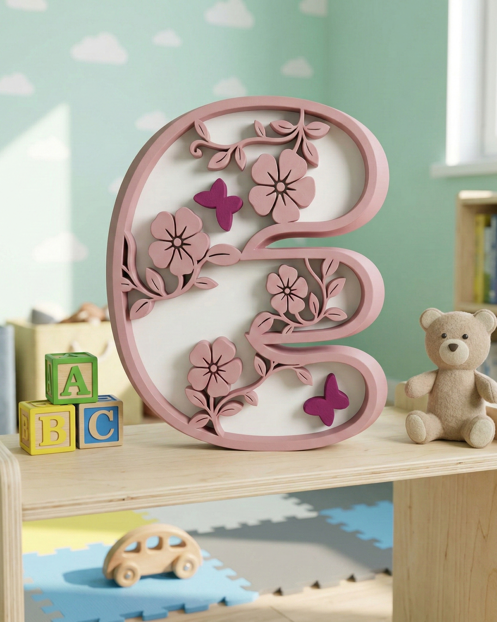 Decorative letter 'E' with floral and butterfly designs on a shelf with toys and blocks.