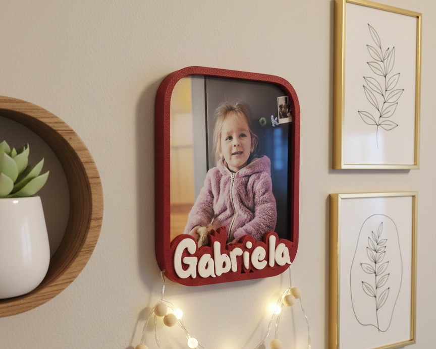 Decorative wall mirror with a child's photo and name 'Gabriela' on a wall with framed pictures and a plant.