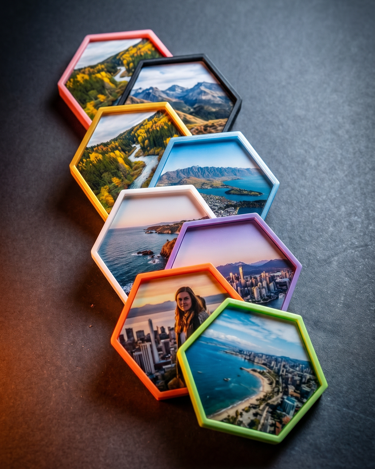 Hexagonal photo coasters with scenic images on a dark surface