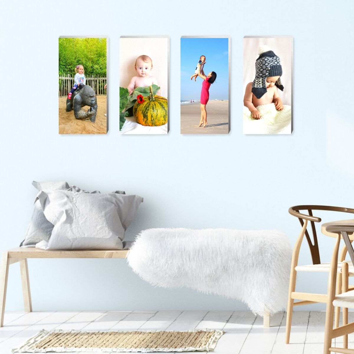 tall photo tiles sticked onto the wall