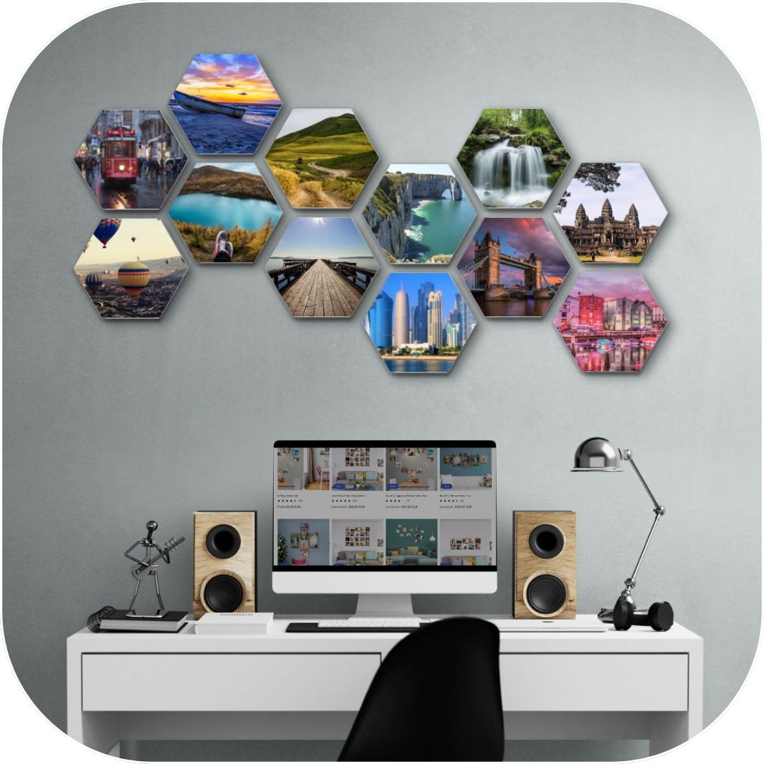 hexagonal photo tiles on wall